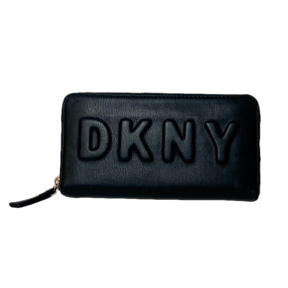 DKNY Black Embossed Zip Wallet Clutch Multiple Pockets Card Holder Gold CUTE
